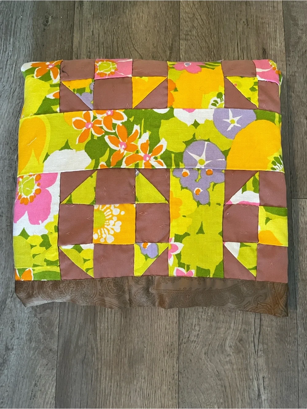Vintage Vibrant Floral Patchwork Quilt Mid-Century Colors Yellow & Brown 64x80